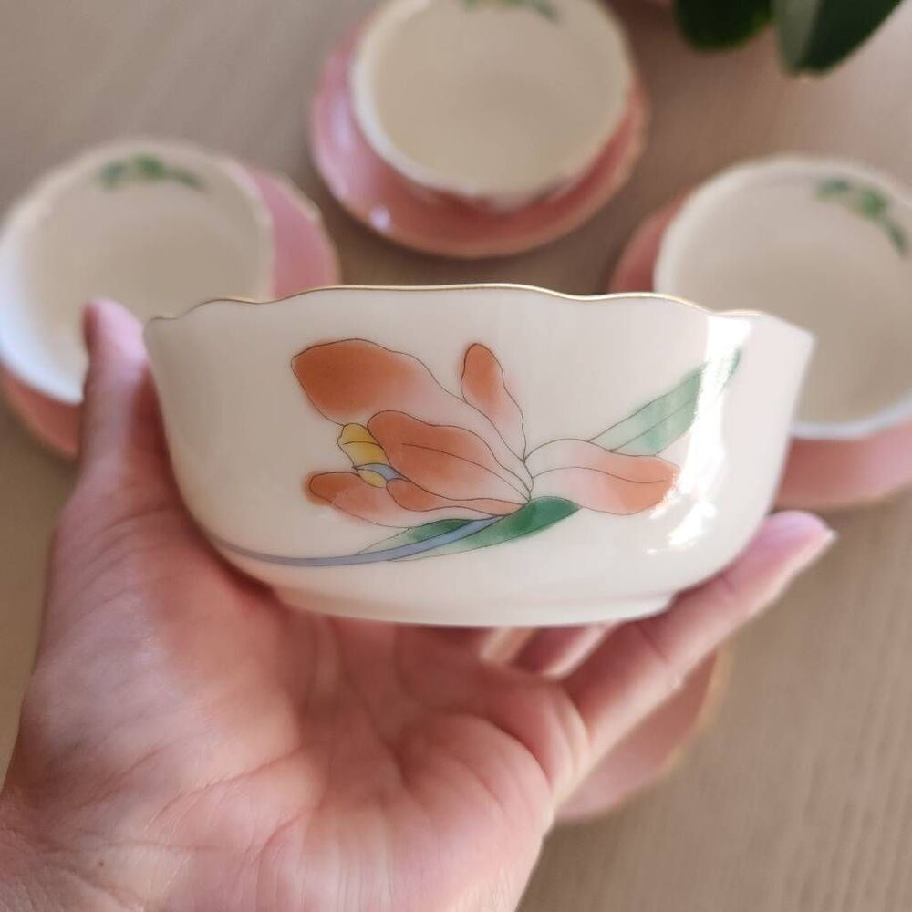 Vintage Japanese Arita ware dessert custard cups pastel cream pink floral set of - Picture 4 of 8